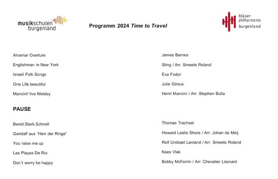 Bläserphilharmonie Burgenland, Programm 2024 - Time to Travel